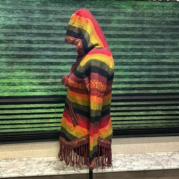 Alpaca Fina Women’s Hooded Pullover Striped w Fringe 100% Alpaca Wool Sweater XS - Picture 2 of 9